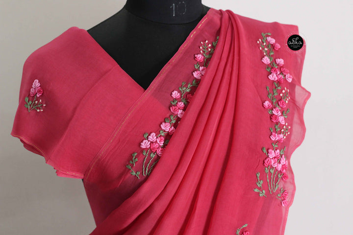 Rani Pink Organza Saree with Floral Hand Embroidery