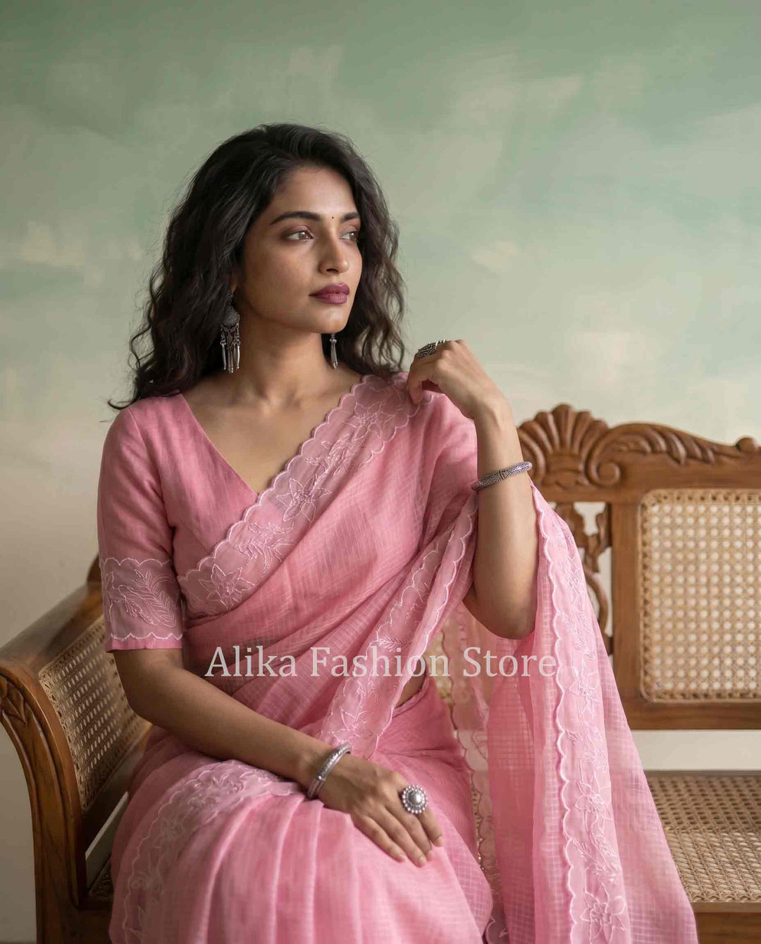 Salmon Pink Silky Kota Saree with Floral Appliqué Border