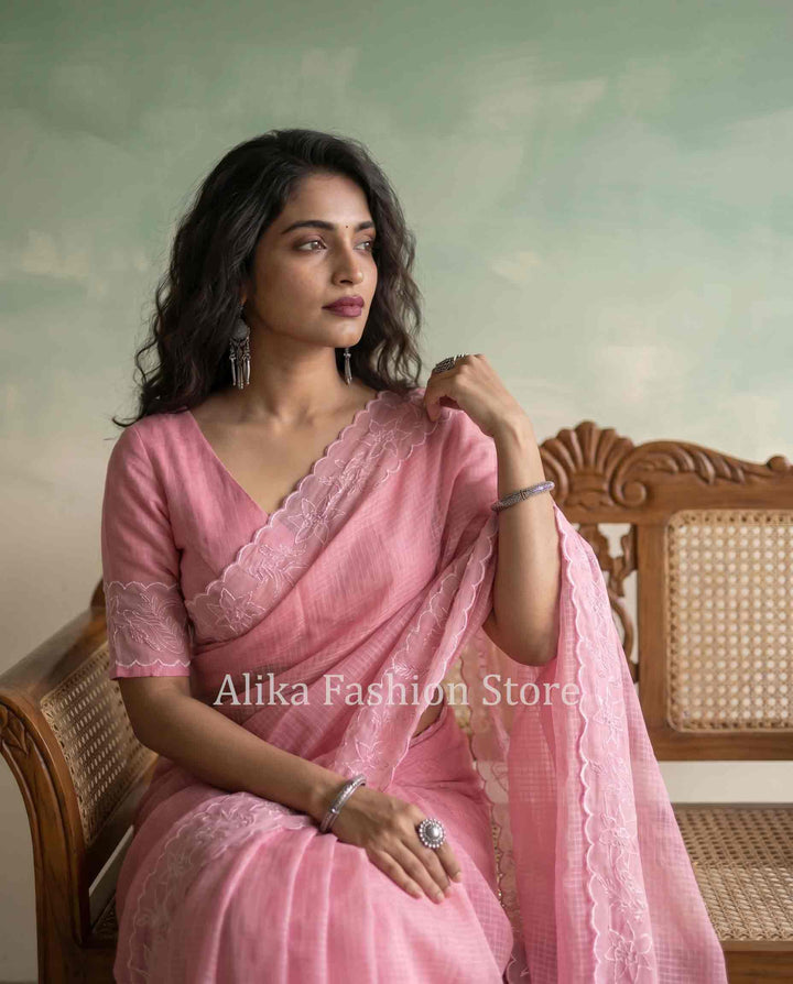 Salmon Pink Silky Kota Saree with Floral Appliqué Border
