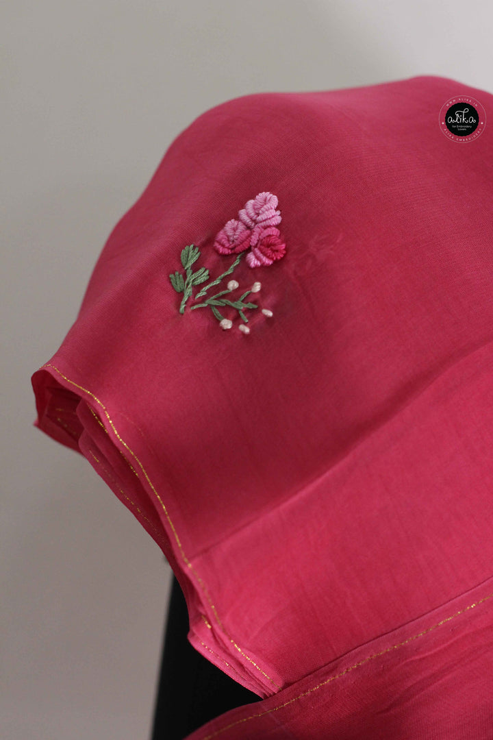 Rani Pink Organza Saree with Floral Hand Embroidery