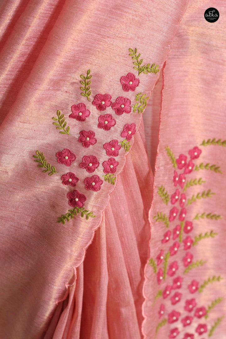 Peach Designer Silk Saree with Floral Hand Embroidery &amp; Bead Work