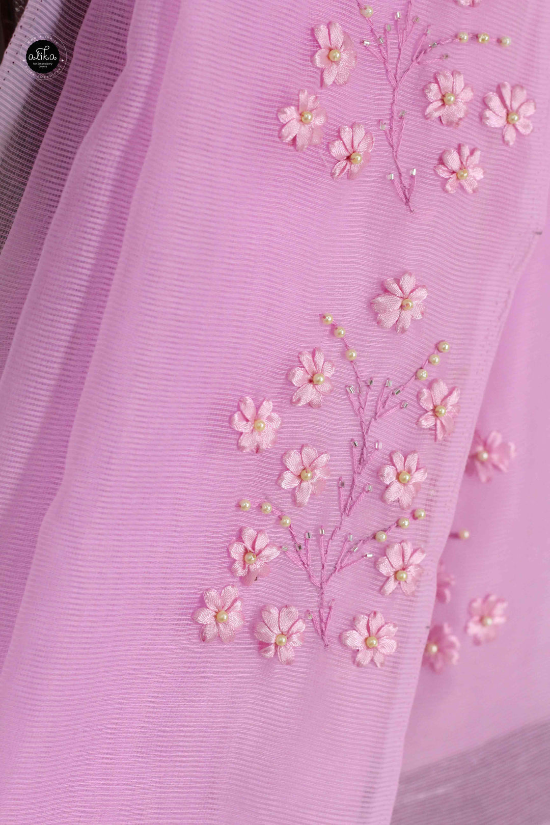 Lavender Rose Kota Saree with Floral Ribbon Work