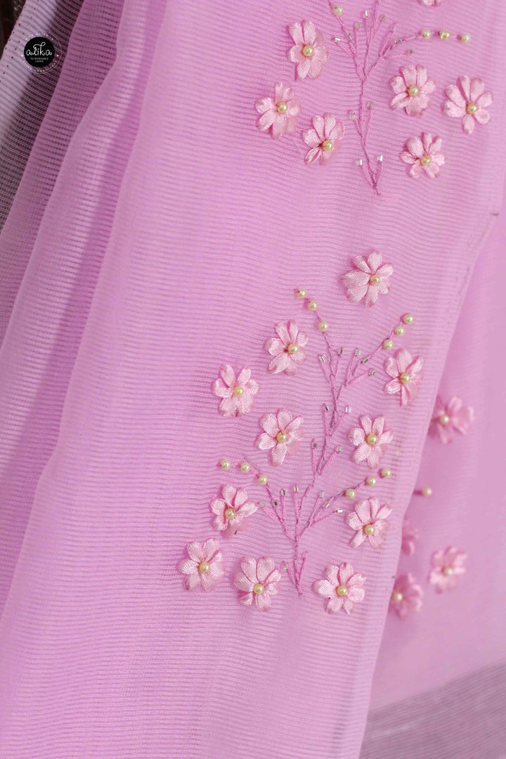Lavender Rose Kota Saree with Floral Ribbon Work