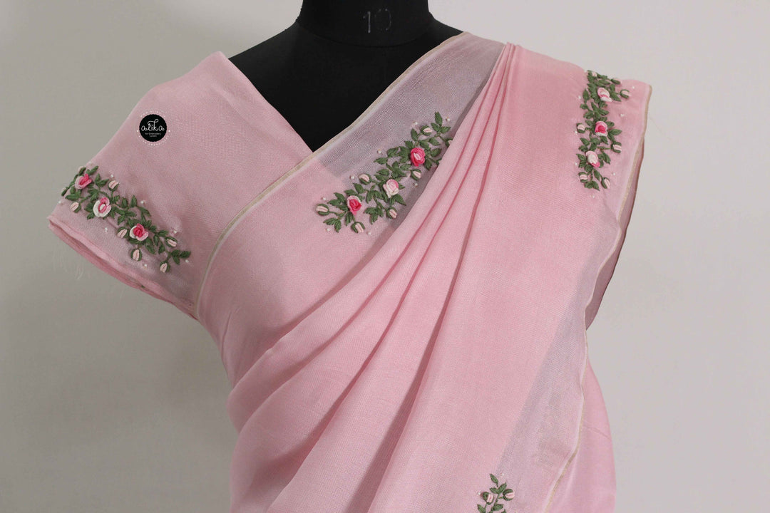 Light Pink Crispy Georgette Saree with Floral Hand Embroidery &amp; Bead Work