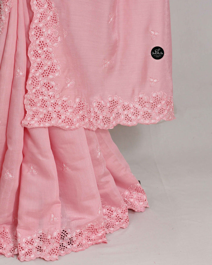 Blush Pink Chanderi Saree with Floral Cutwork Border