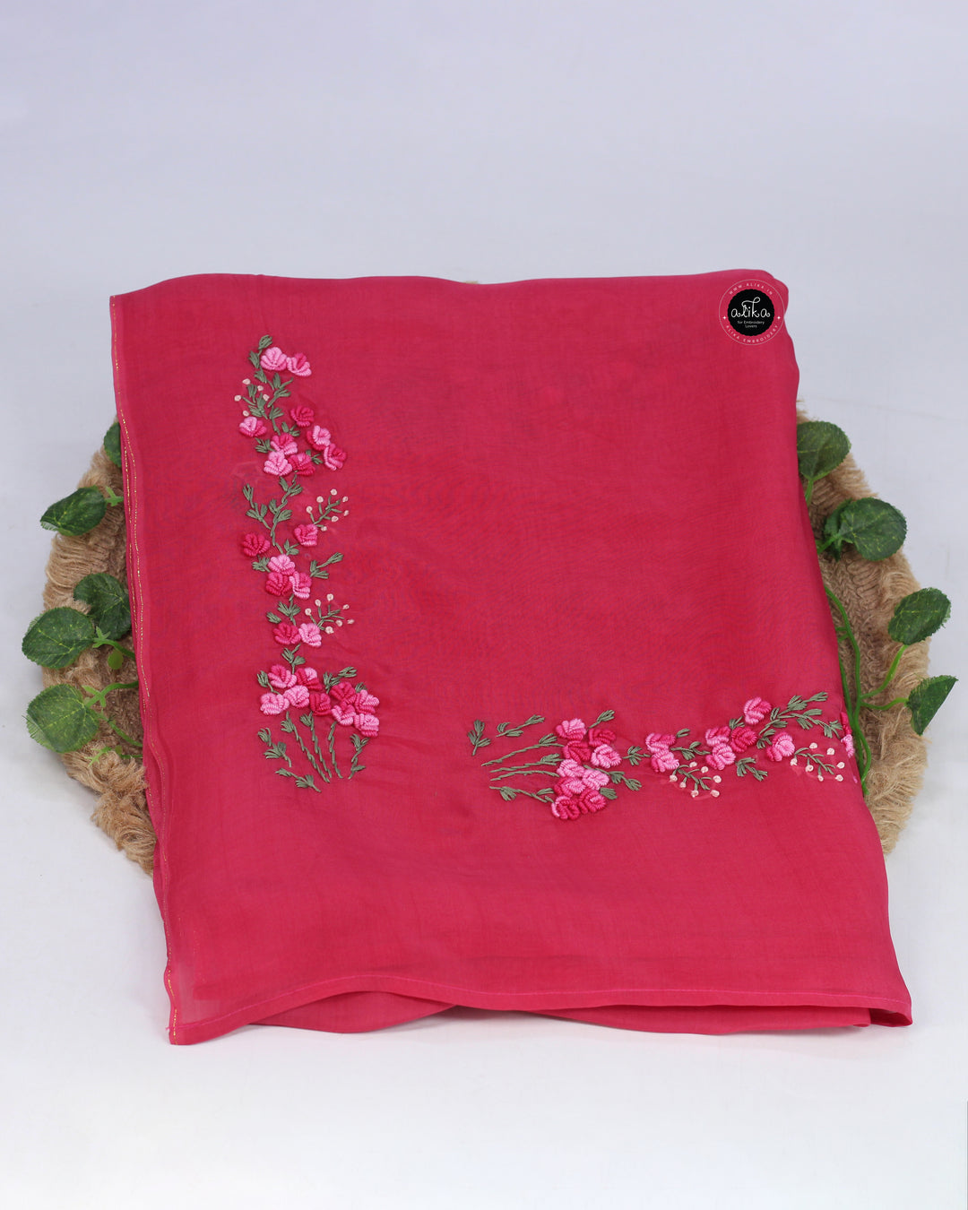 Rani Pink Organza Saree with Floral Hand Embroidery
