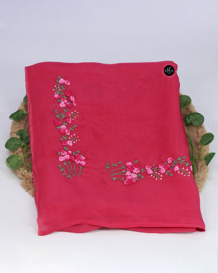 Rani Pink Organza Saree with Floral Hand Embroidery