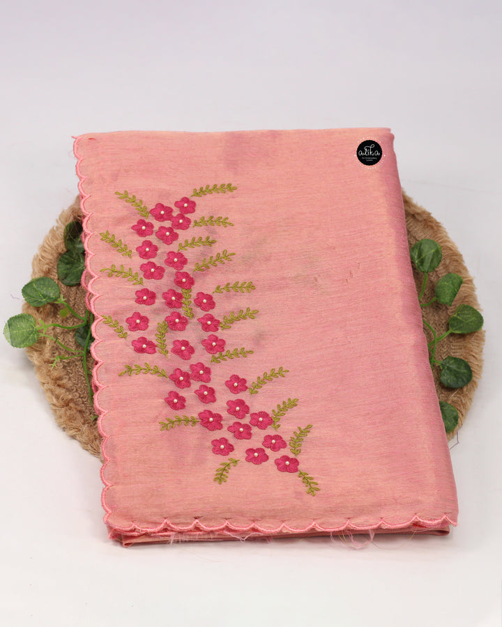 Peach Designer Silk Saree with Floral Hand Embroidery &amp; Bead Work