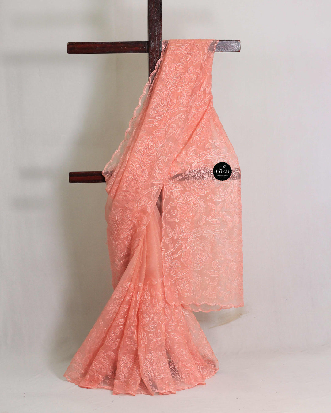 Peach Crushed Silk Saree with Floral Machine Embroidery