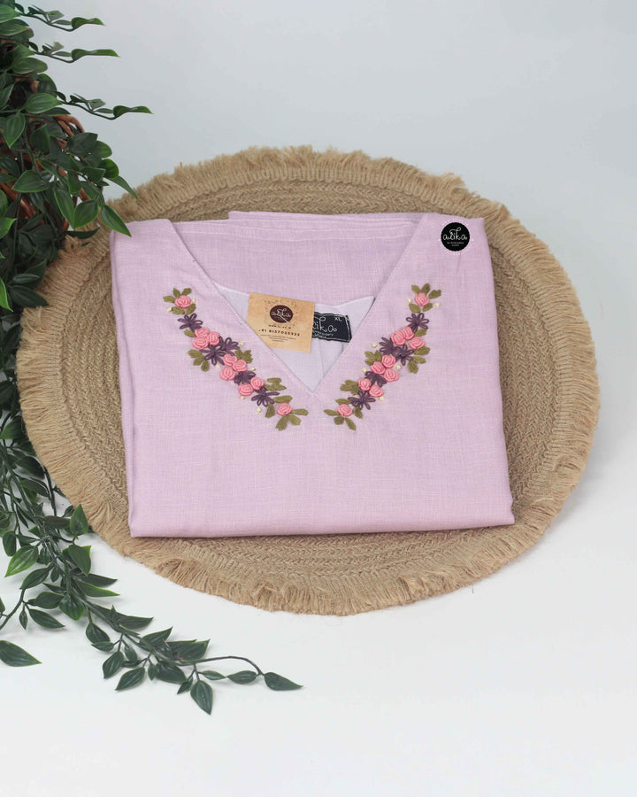Pale Lavender Semi-Linen Stitched Kurta with Hand-Embroidered Floral Detailing