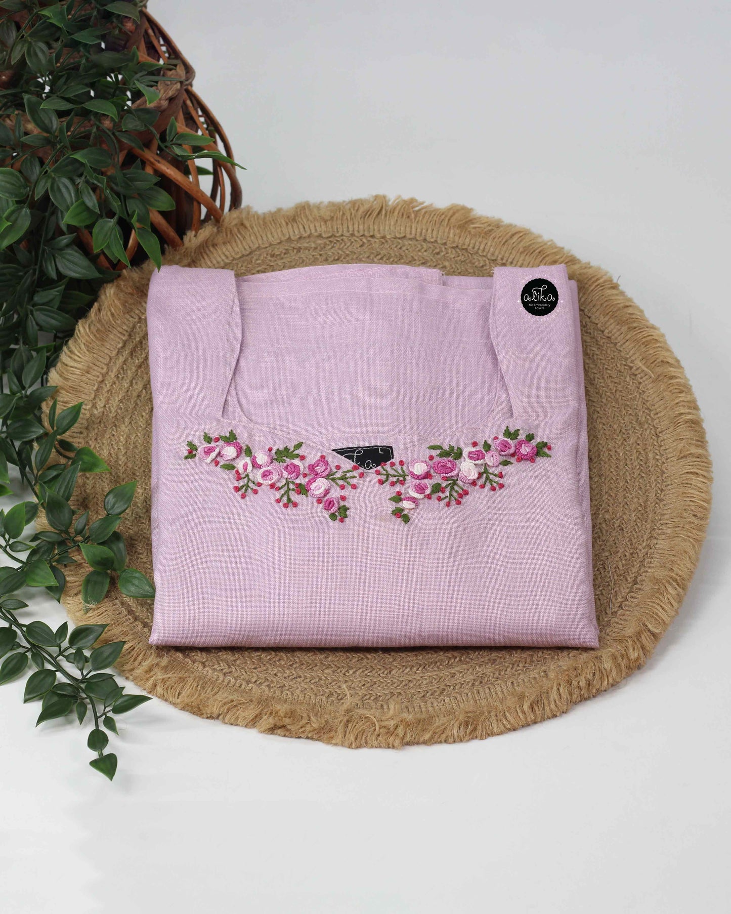 lavender Semi-Linen Stitched Kurti with Floral Hand Embroidery on Neckline & Top of the Sleeves