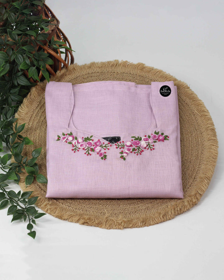 lavender Semi-Linen Stitched Kurti with Floral Hand Embroidery on Neckline &amp; Top