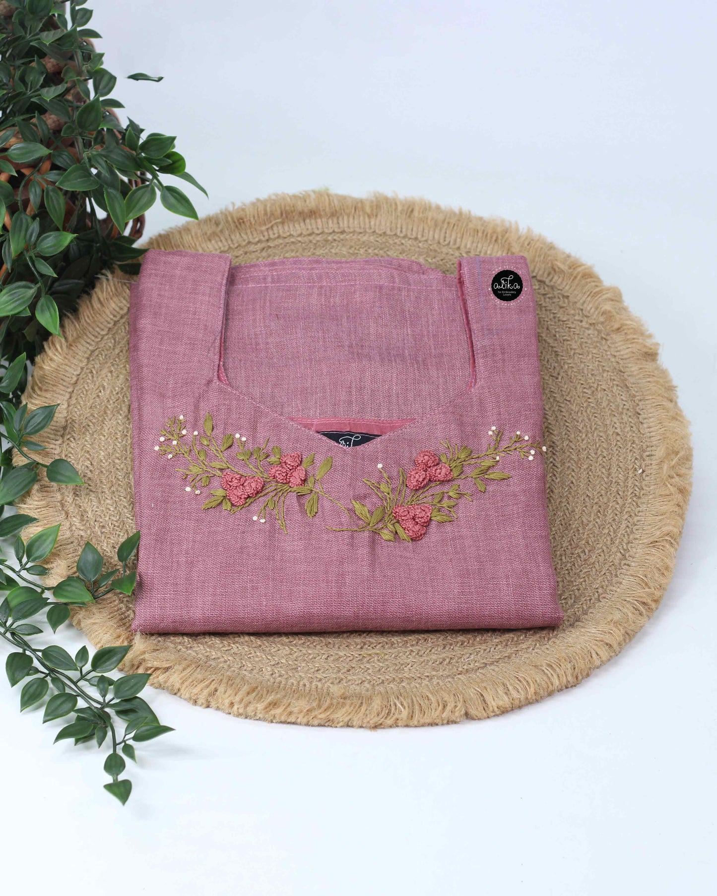 Dark onion pink Semi-Linen Stitched Kurti with Floral Hand Embroidery on Neckline & Top of the Sleeves