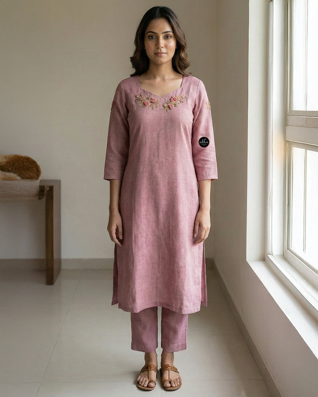 Dark onion pink Semi-Linen Stitched Kurti with Floral Hand Embroidery on Neckline