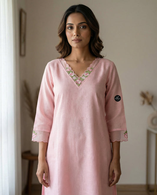 light Pink Stitched Kurti with Floral Embroidery on Neckline & Sleeves