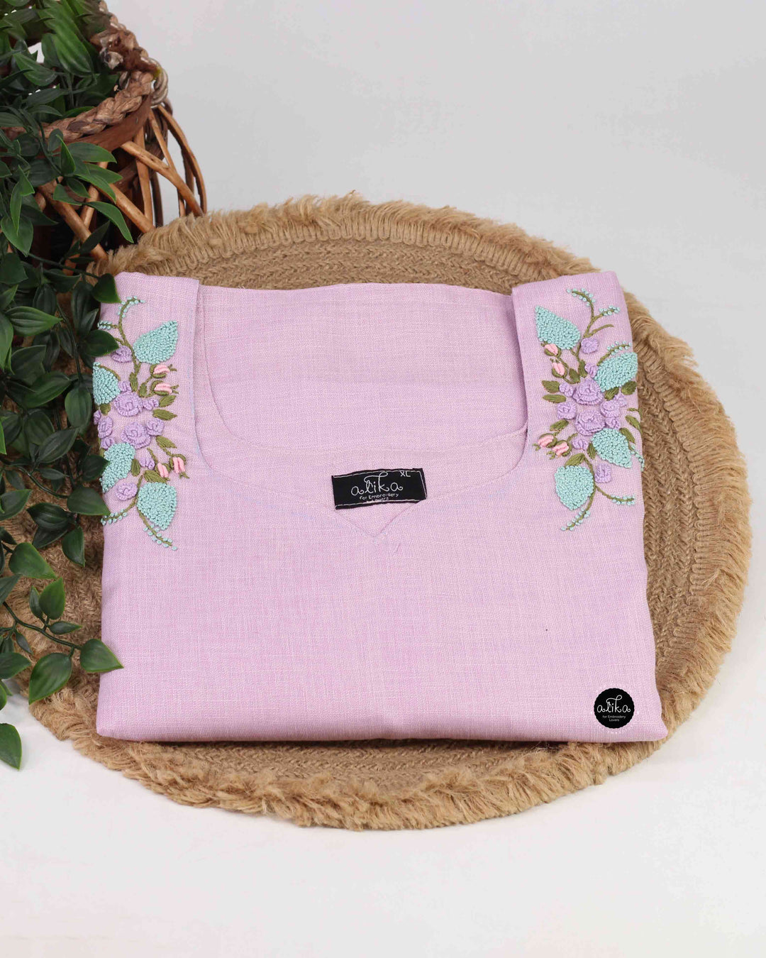 Lavender Semi-Linen Stitched Kurti with Floral Hand Embroidery on Neckline