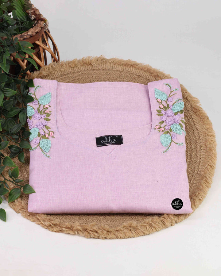 Lavender Semi-Linen Stitched Kurti with Floral Hand Embroidery on Neckline