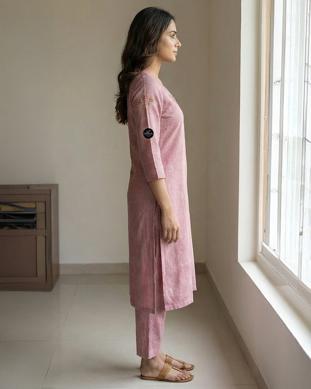 Dark onion pink Semi-Linen Stitched Kurti with Floral Hand Embroidery on Neckline
