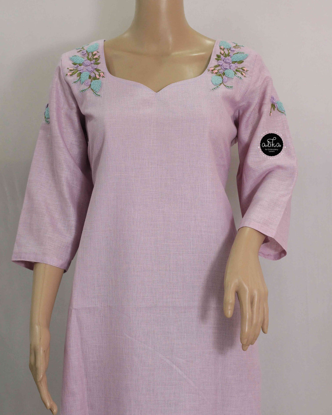 Lavender Semi-Linen Stitched Kurti with Floral Hand Embroidery on Neckline