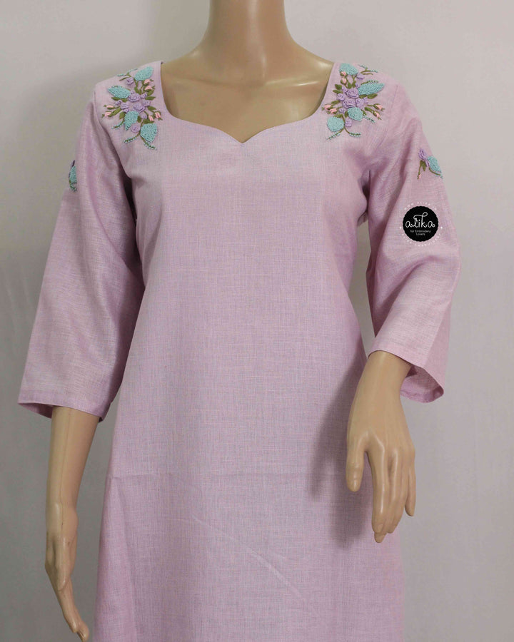 Lavender Semi-Linen Stitched Kurti with Floral Hand Embroidery on Neckline