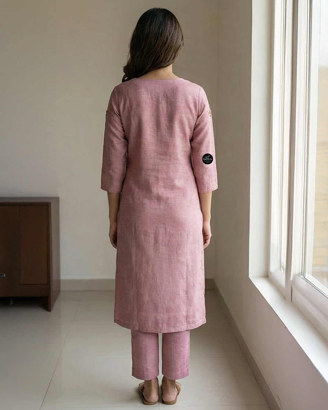 Dark onion pink Semi-Linen Stitched Kurti with Floral Hand Embroidery on Neckline & Top of the Sleeves
