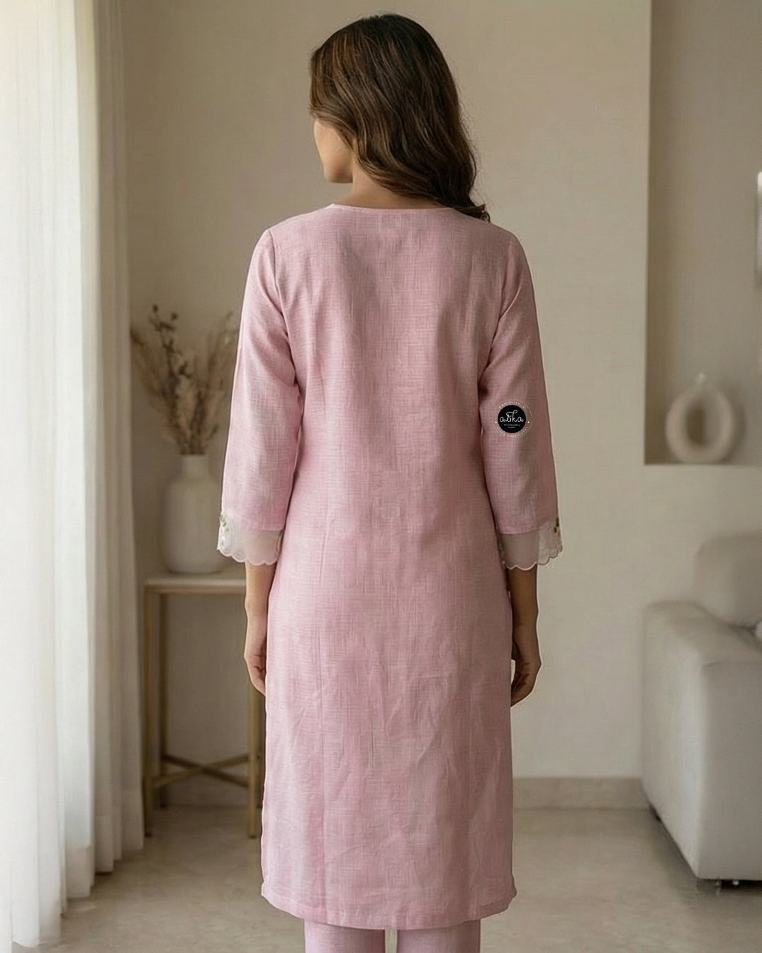 light Pink Stitched Kurti with Floral Embroidery on Neckline & Sleeves