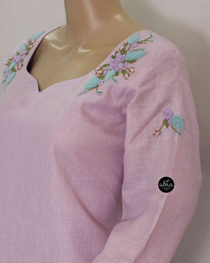 Lavender Semi-Linen Stitched Kurti with Floral Hand Embroidery on Neckline