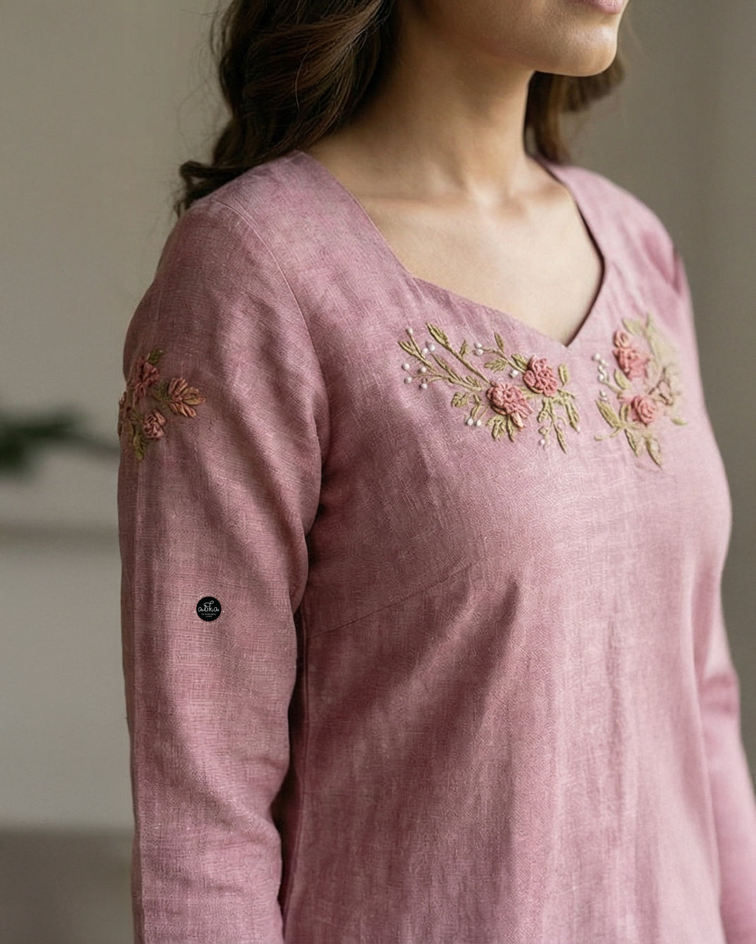Dark onion pink Semi-Linen Stitched Kurti with Floral Hand Embroidery on Neckline