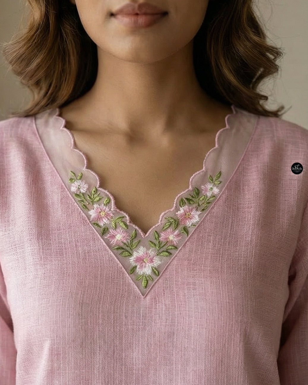 light Pink Stitched Kurti with Floral Embroidery on Neckline & Sleeves