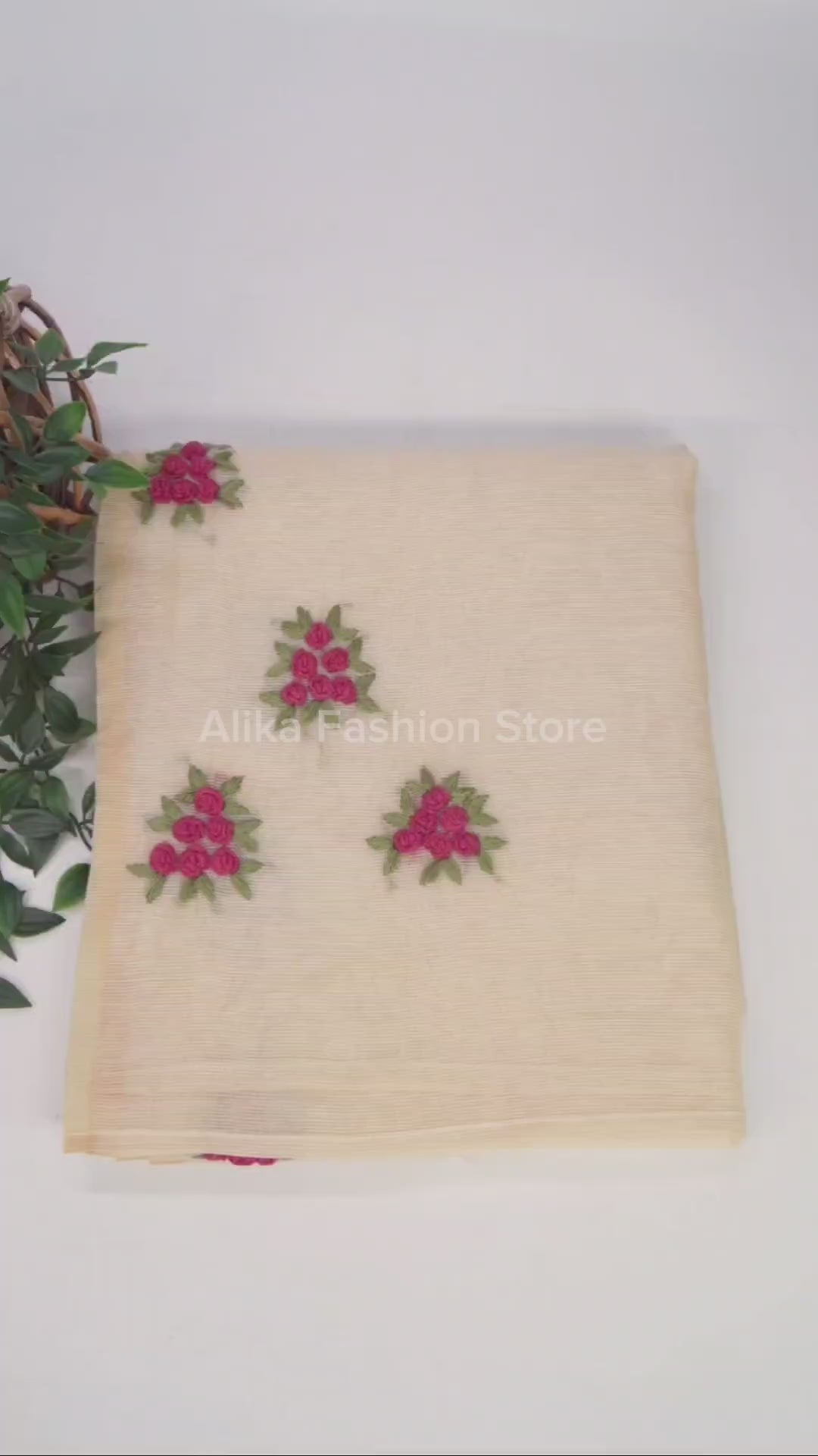 Warm Ivory Kota Saree with Floral Hand Embroidery