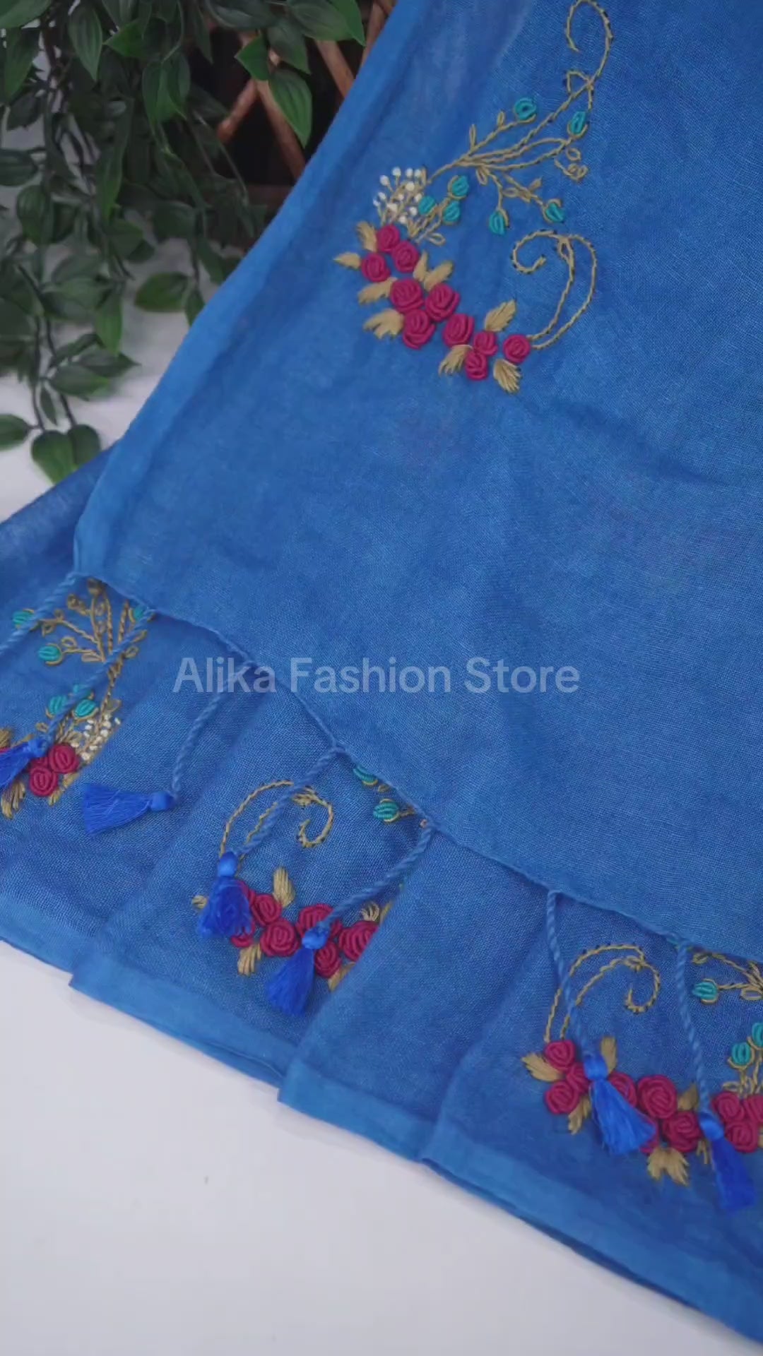 Royal Blue Pure Linen Saree with Floral Hand Embroidery