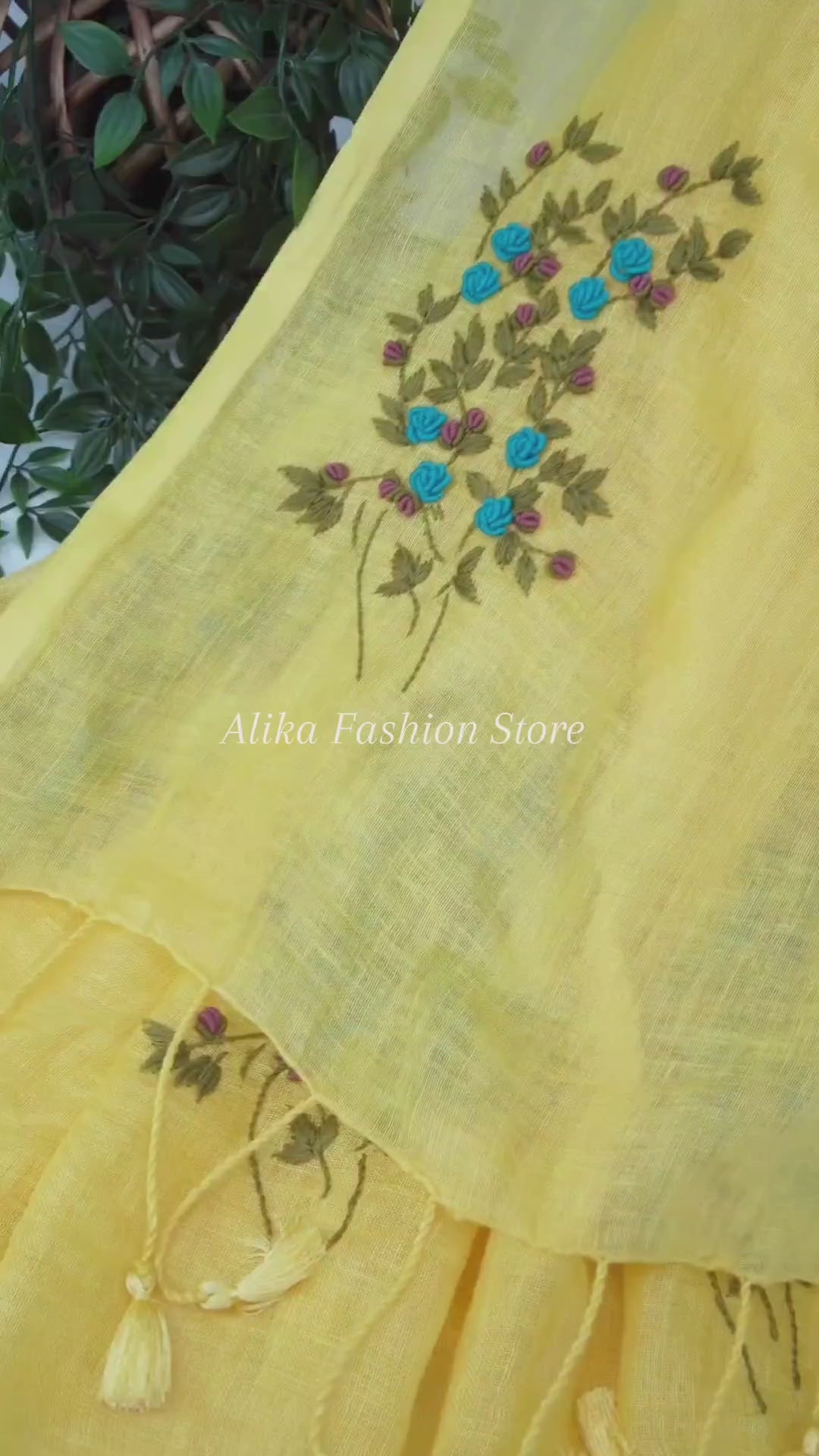 Yellow Pure Linen Saree with Floral Hand Embroidery