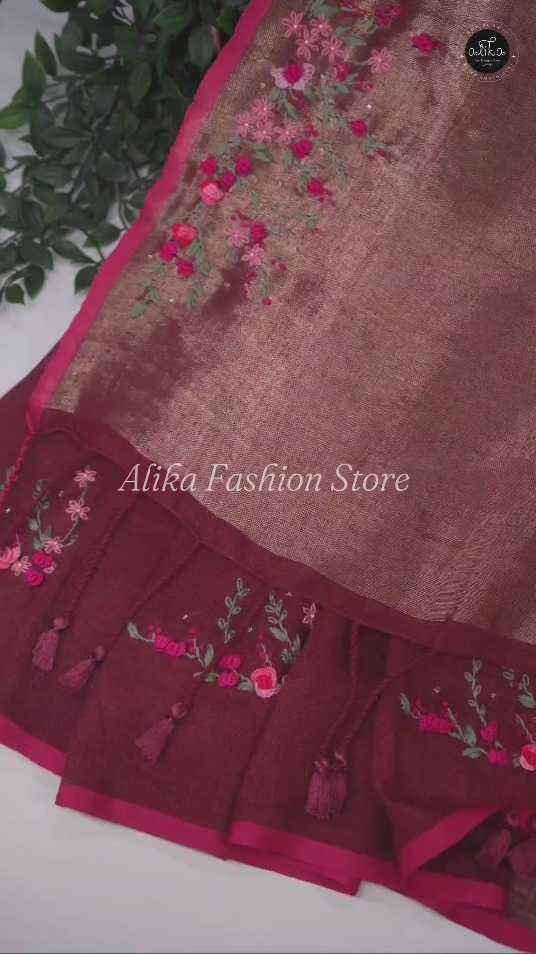 Maroon Pure Linen Saree with Floral Hand Embroidery