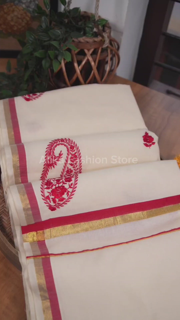 Cream Kerala Saree with Floral Machine Embroidery and Red &amp; Gold Border