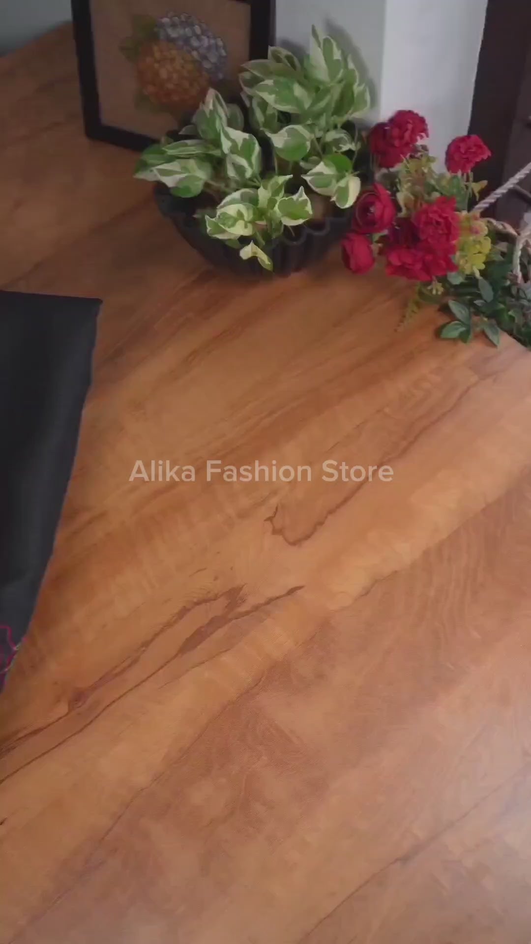 Black Silky Kota Saree with Red &amp; Green Floral Embroidery