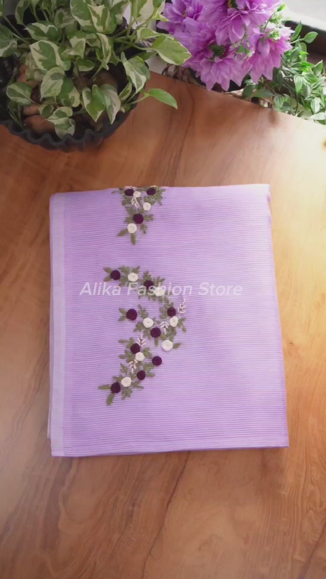 Lavender Kota Saree with Floral Hand Embroidery