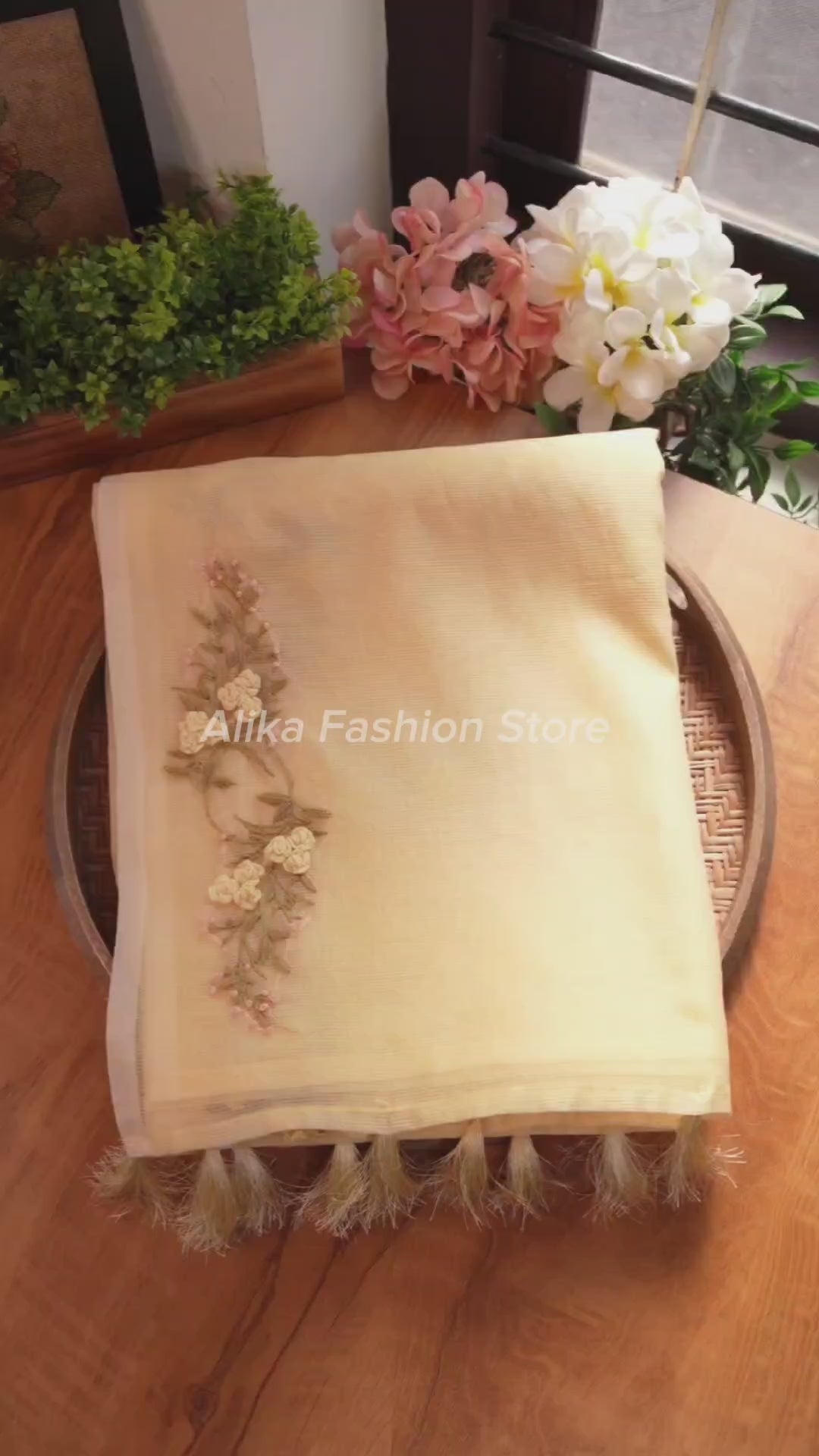 Light Yellow Kota Saree with Floral Hand Embroidery and tassels