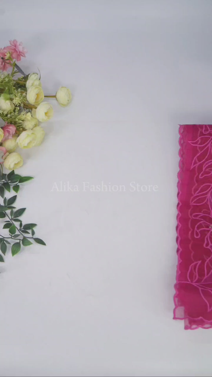 Rani Pink Pure Kota Doria Saree with Floral Appliqué Border
