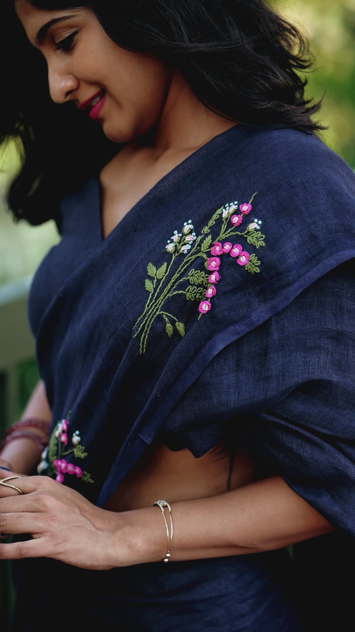 Midnight Navy Blue Pure Linen Saree with Floral Hand Embroidery