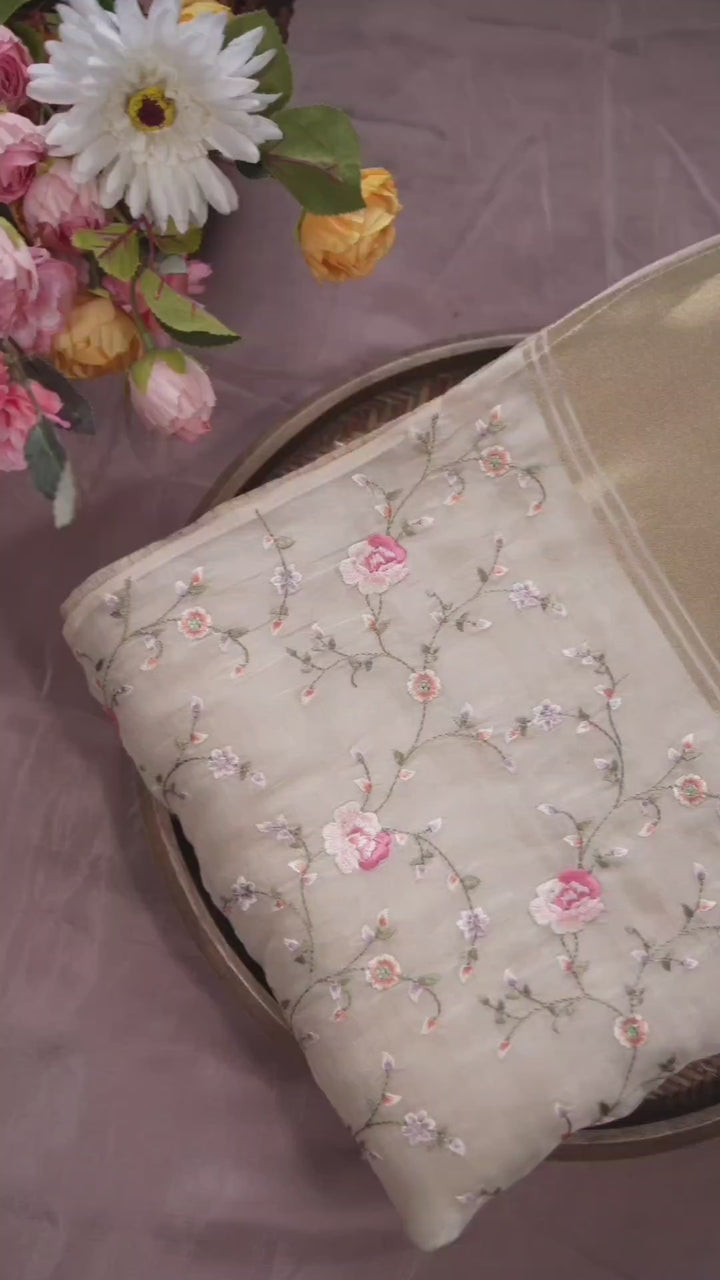 Ivory and Gold themed Organza Saree with Floral Embroidery