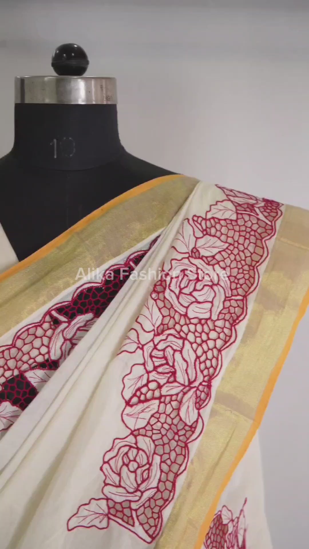 Cream Kerala Saree with Red Border &amp; Floral Twine Cutwork