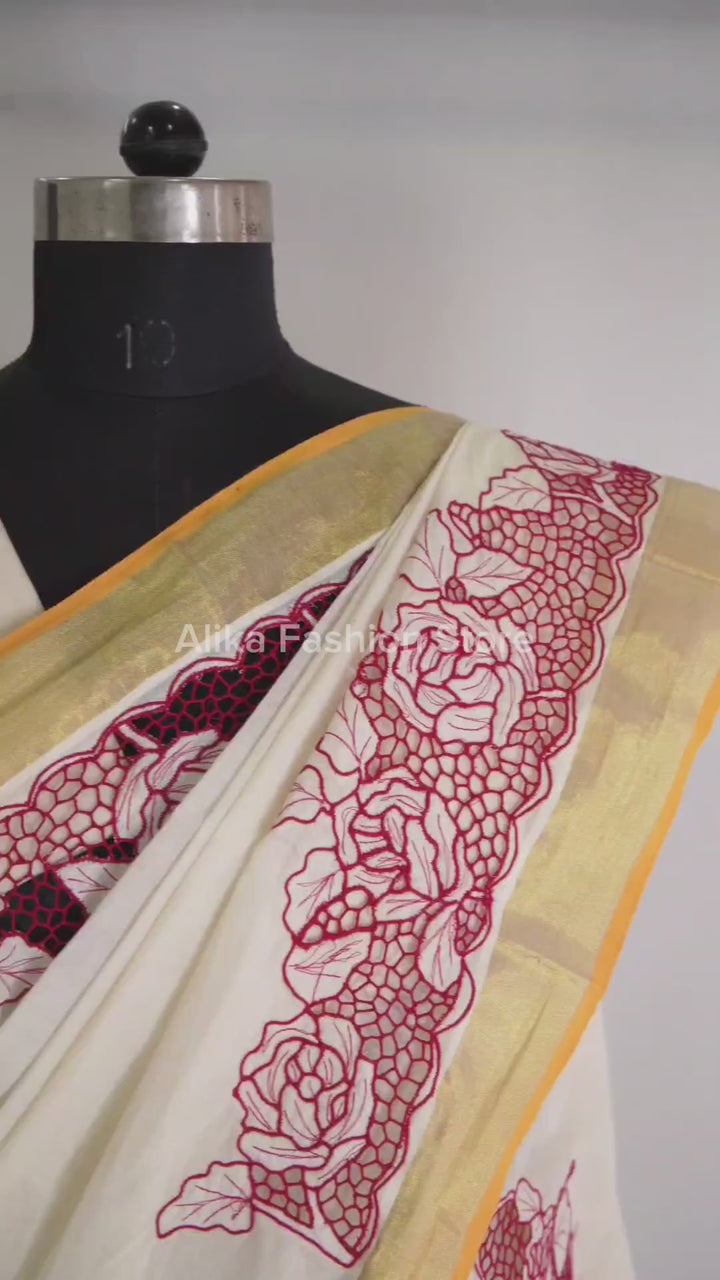 Cream Kerala Saree with Red Border &amp; Floral Twine Cutwork
