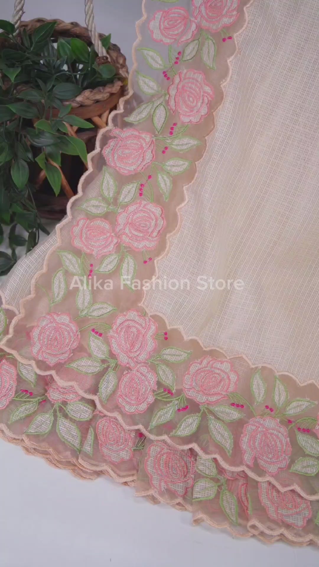 Beige Silky Kota Saree with Floral Appliqué Border