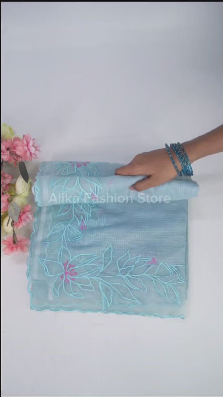 Pastel Blue Cotton Kota Saree with Floral Appliqué Border