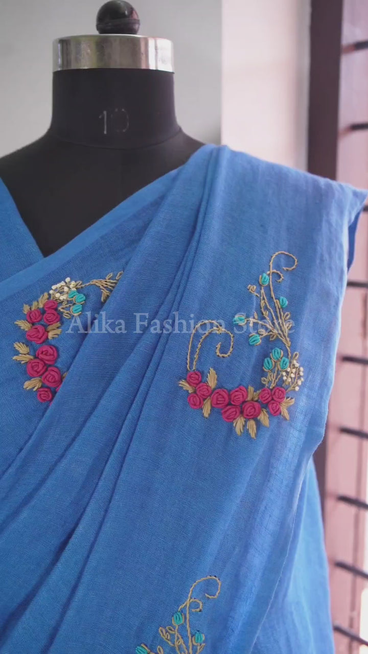 Royal Blue Pure Linen Saree with Floral Hand Embroidery