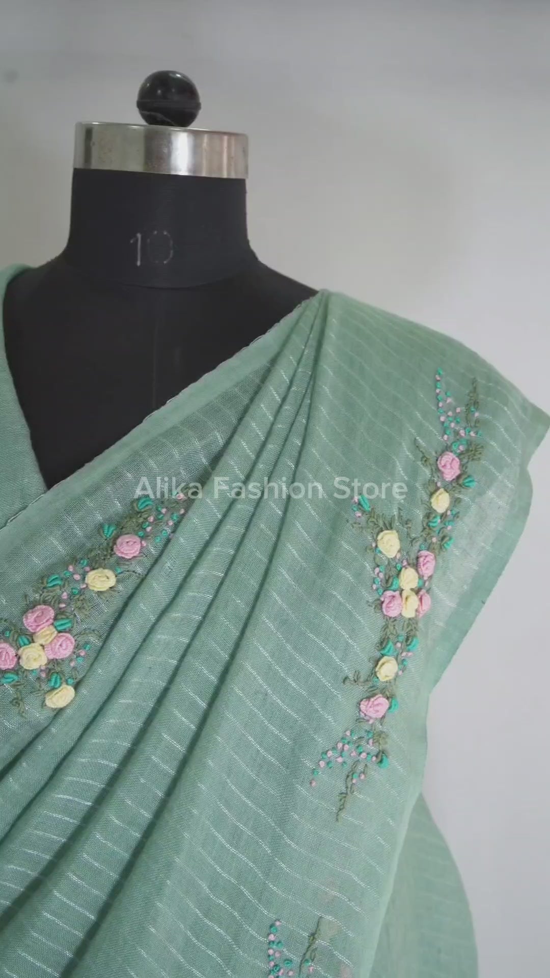 Turquoise Green Pure Linen Saree with Silver Linen Stripes &amp; Floral Hand Embroidery