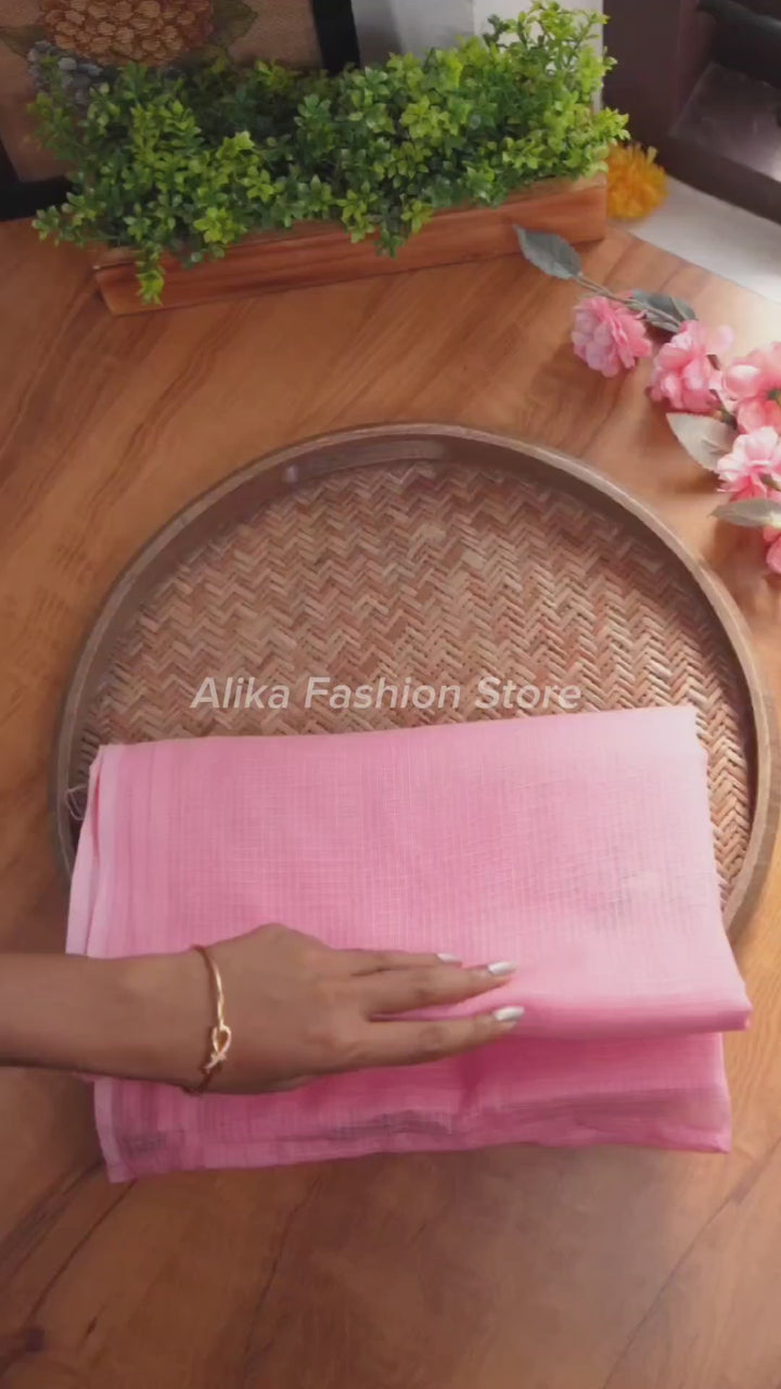 Peach Pink Cotton Kota Saree with Floral Ribbon Embroidery