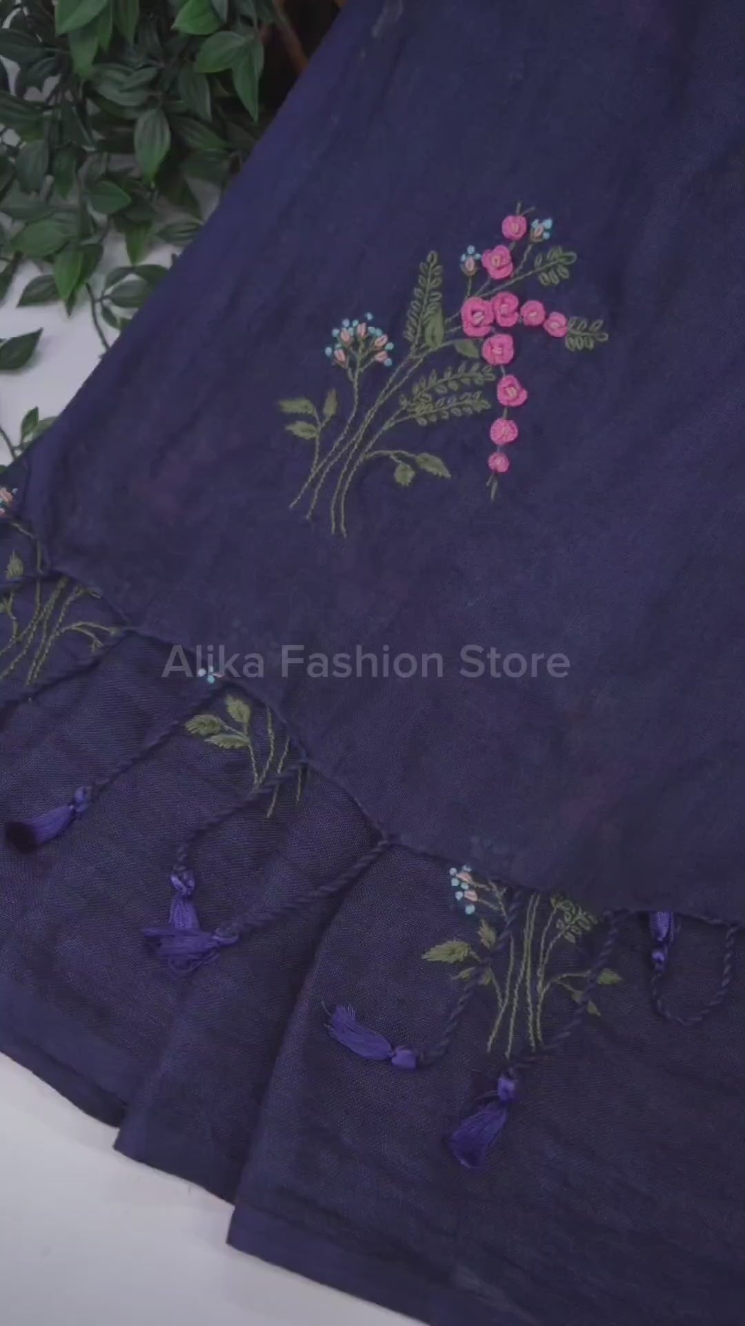 Navy Blue Pure Linen Saree with Floral Hand Embroidery