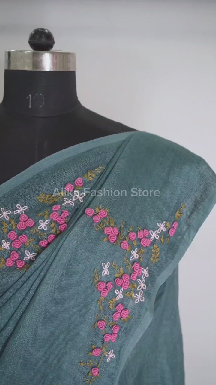 Bluish Gray Pure Linen Saree with Floral Hand Embroidery