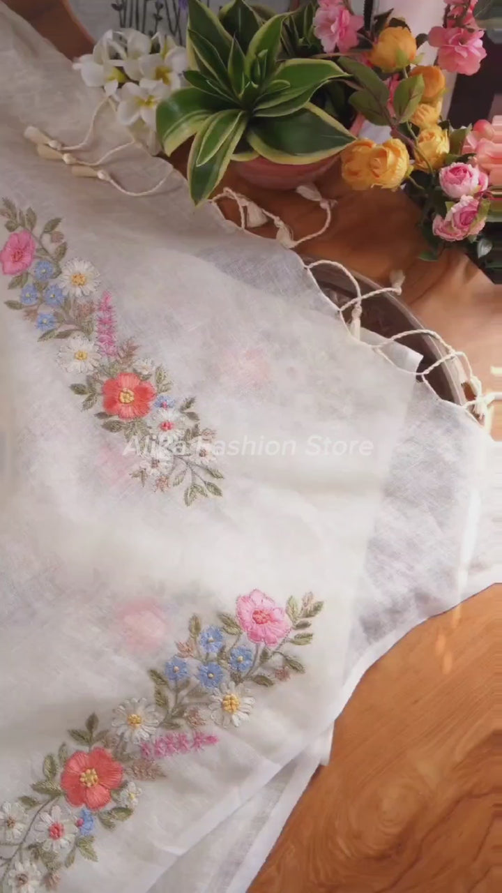 Cream Pure Linen Saree with Multicolour Floral Embroidery
